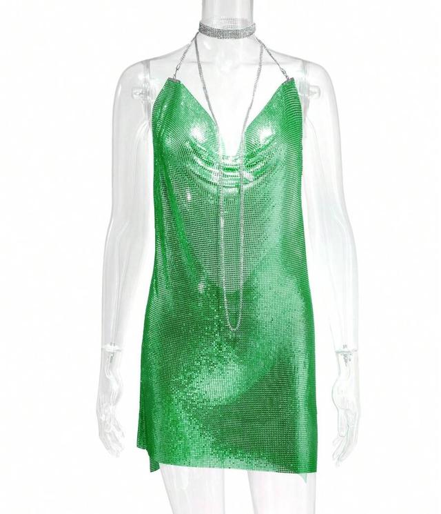 green metallic chainmail cowl neck mini dress