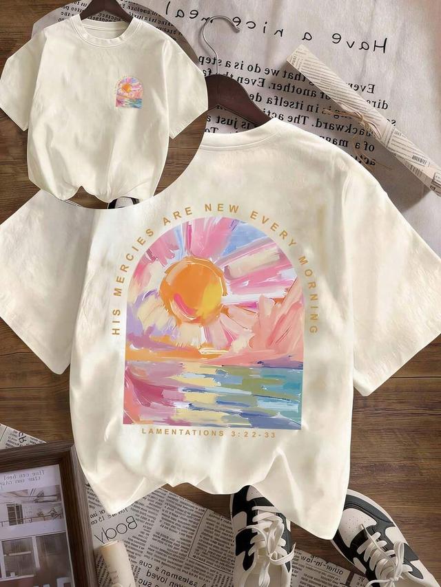 cream casual cotton graphic print round neck t-shirt