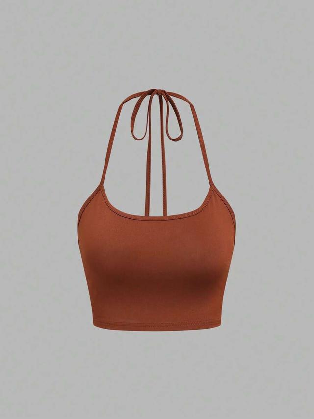 brown asymmetrical shoulder striped tank top with halter neck