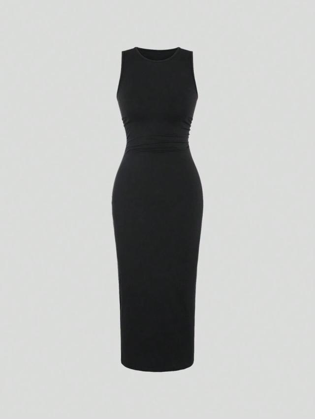 black sleeveless round neck pleated midi tunic dress