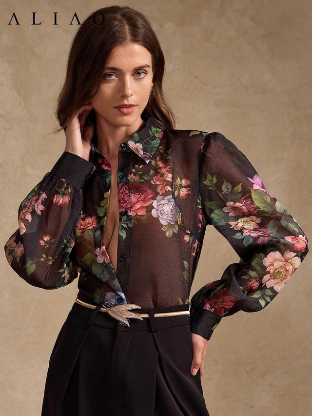 aliao black floral sheer long sleeve button up shirt