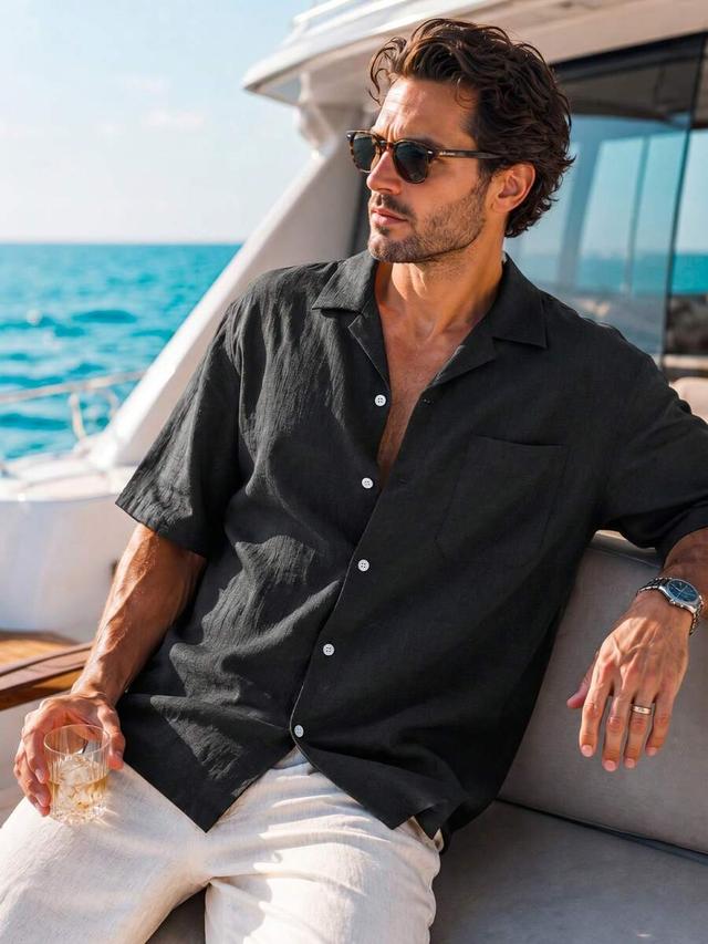 dark grey loose fit faux linen vacation shirt