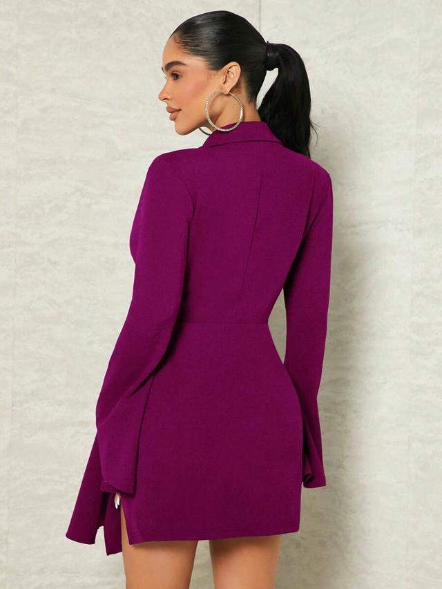 solid purple ruched slit flare sleeve mini dress