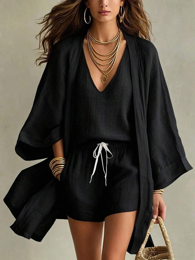 black textured white three-piece kimono cardigan set