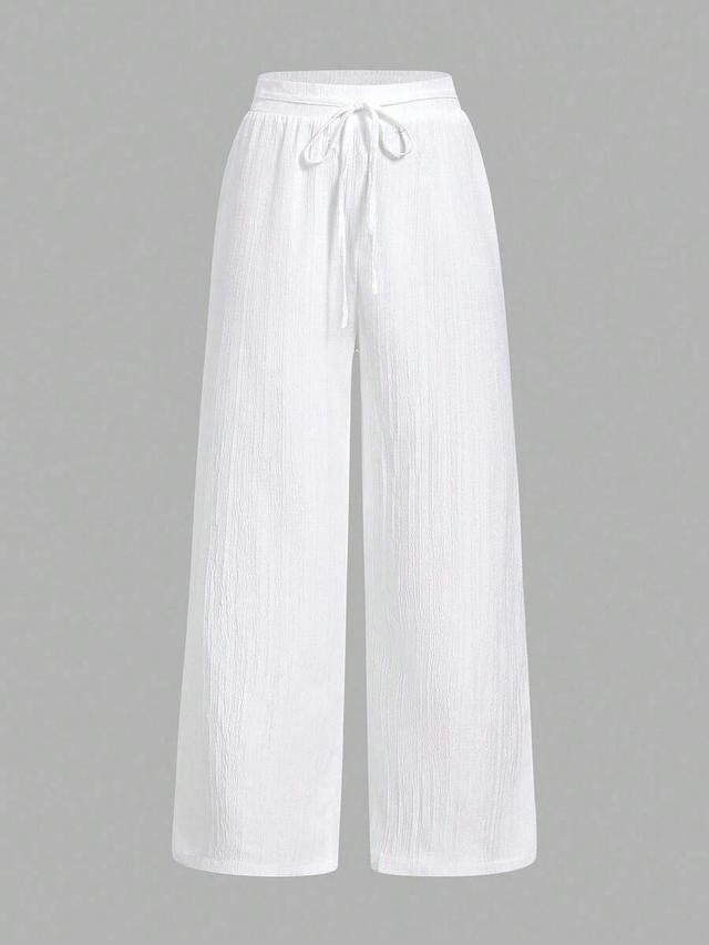 white casual wide leg pants with waist tie