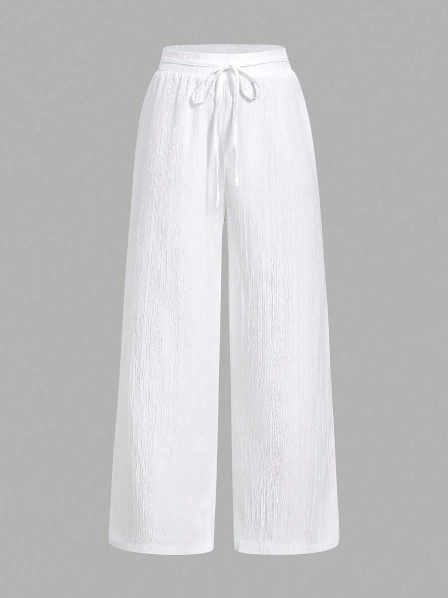 white casual wide leg pants with waist tie