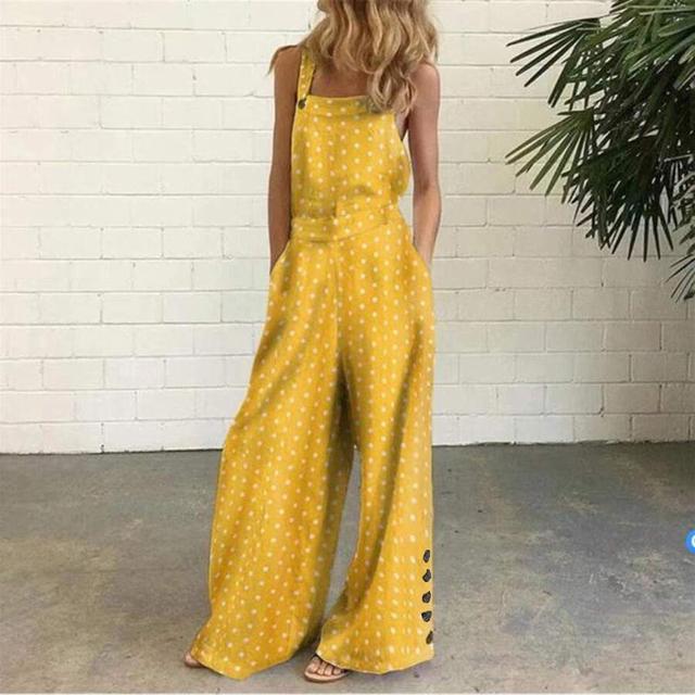 yellow polka dot and white gingham wide leg jumpsuit