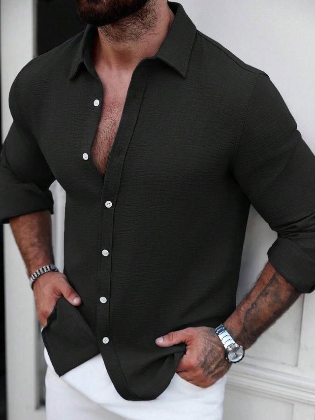 dark olive textured casual long sleeve button up shirt