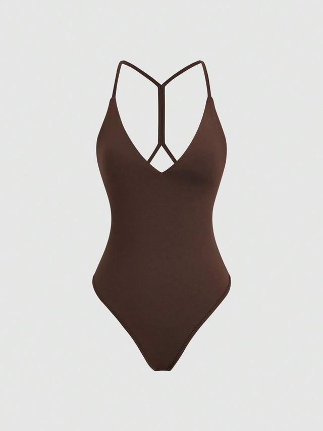 brown spaghetti strap backless bodysuit