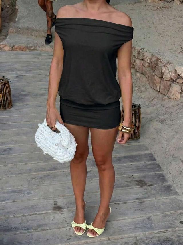 black off-shoulder short knit dress