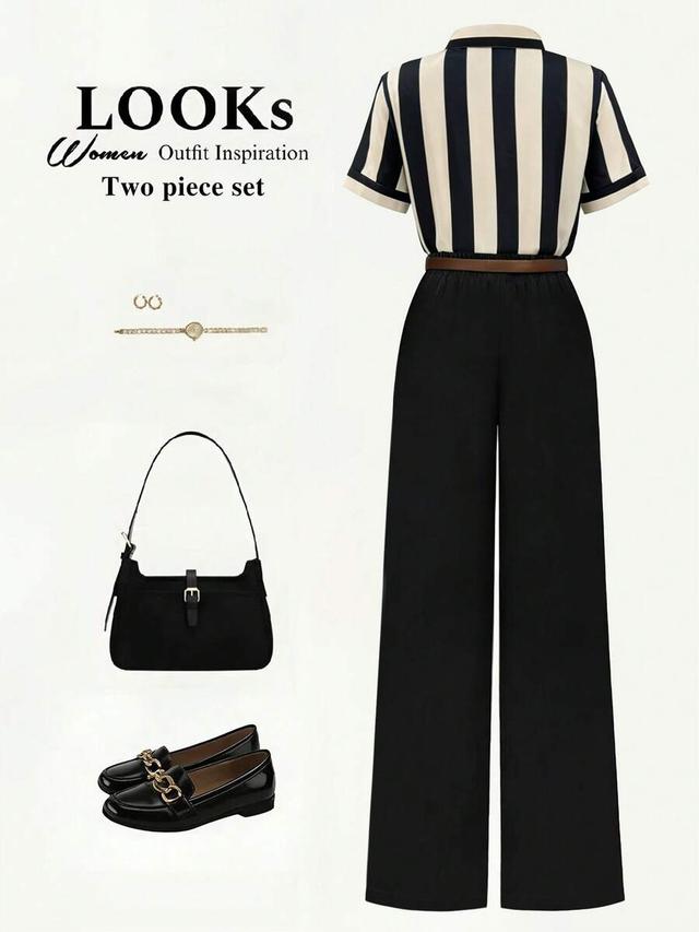 striped short sleeve shirt and solid black trousers set