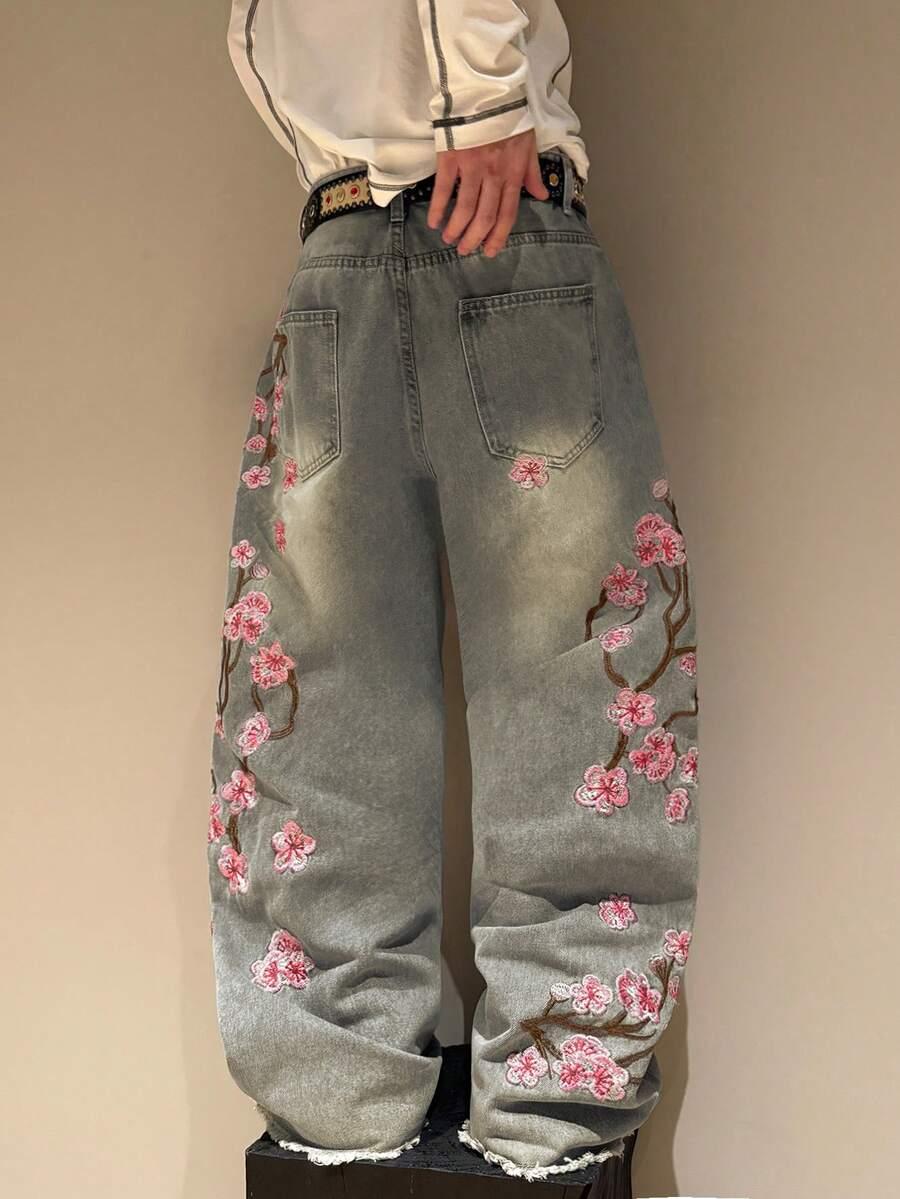 blue grey blossom embroidered washed wide leg jeans