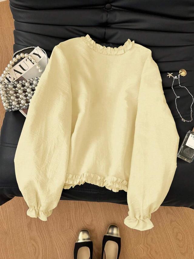 pale yellow muvela women's solid color long sleeve frill trim blouse