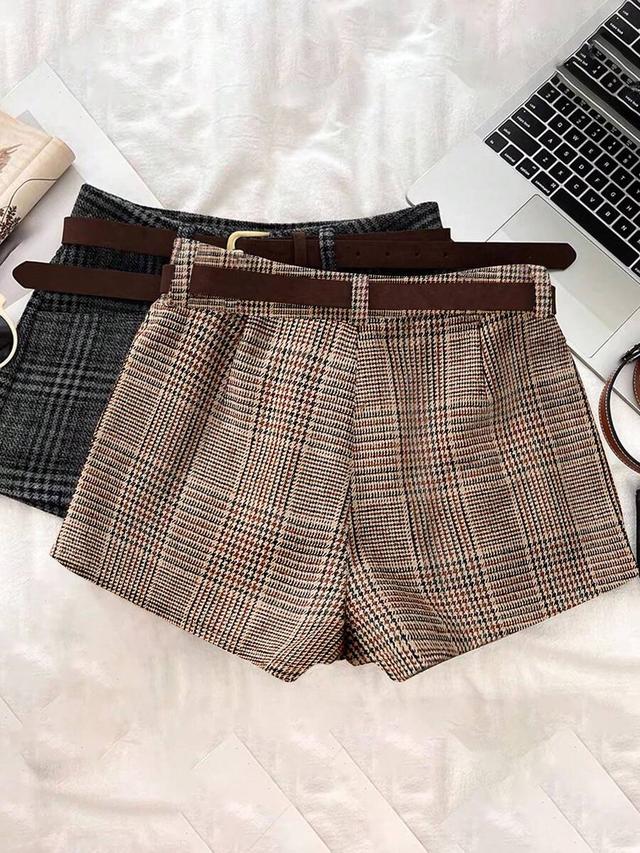 grey plaid retro plaid woolen shorts with belt