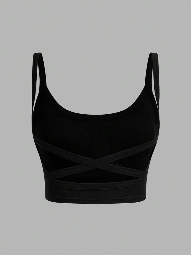 black casual racerback crop tank top with built-in bra