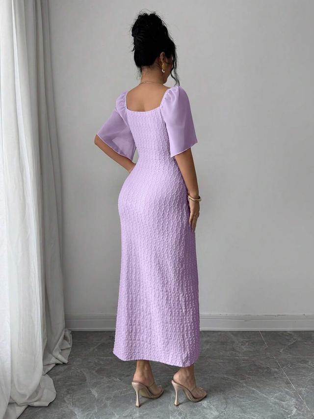 lavender textured petal sleeve fitted dress with metal buckle