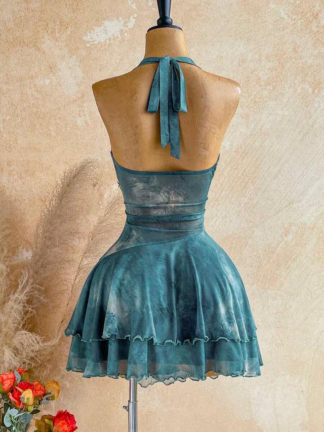 teal blue tropical halter ruffle mini dress with starfish decor