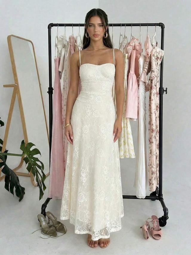 light pink lace bustier maxi dress for wedding guest