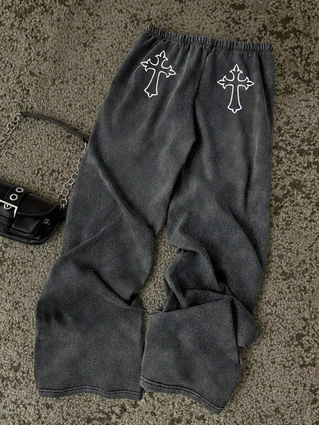 dark grey with crosses casual straight leg sweatpants