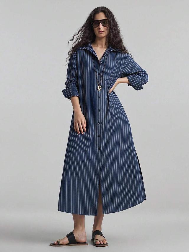 navy blue pinstriped button-down shirt dress