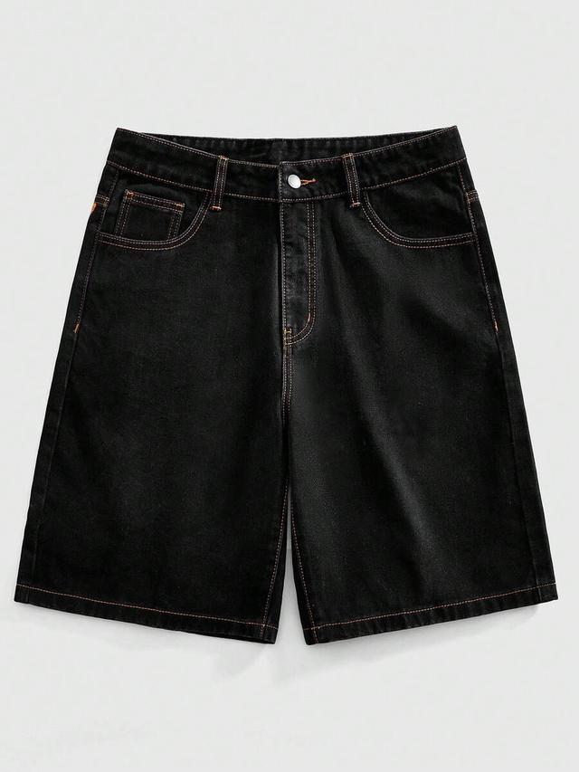 black denim casual shorts with contrast stitching