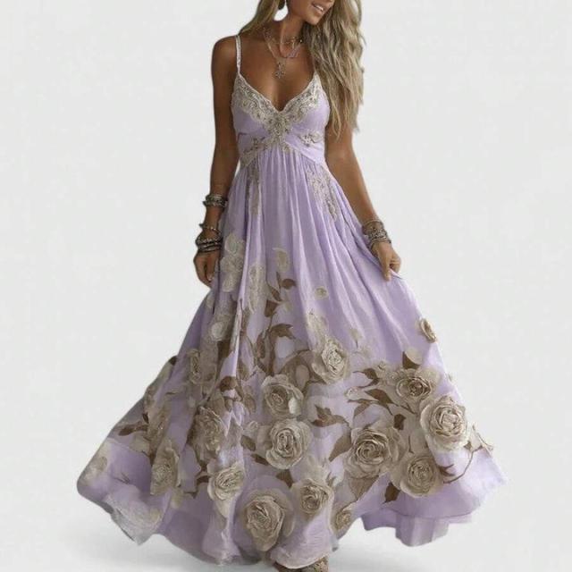 light purple floral bohemian printed maxi dress with deep v-neck