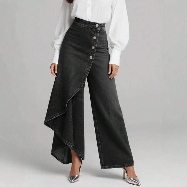 dark grey high waist asymmetric ruffle panel denim wide leg jeans