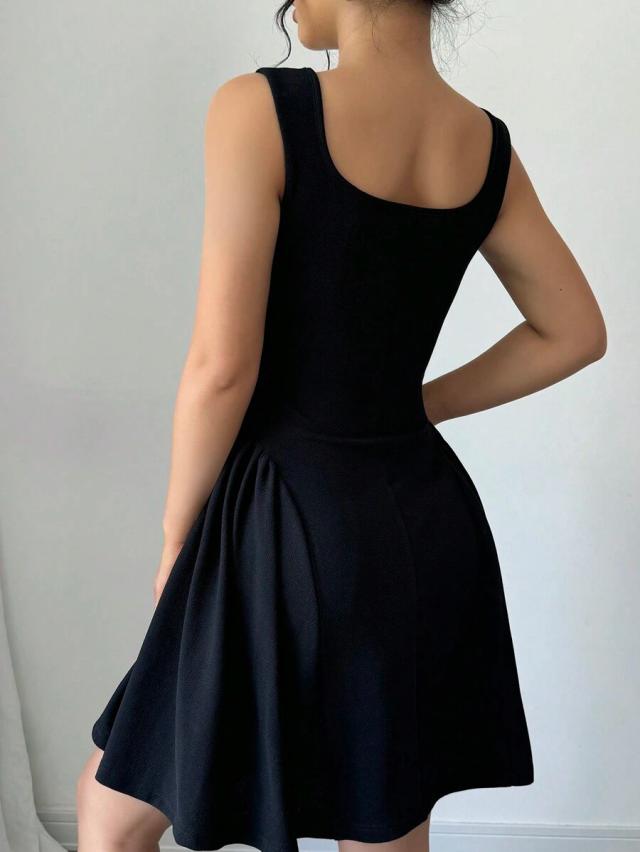 black square neck sleeveless a-line textured mini dress