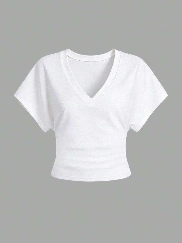 white v-neck casual short sleeve top
