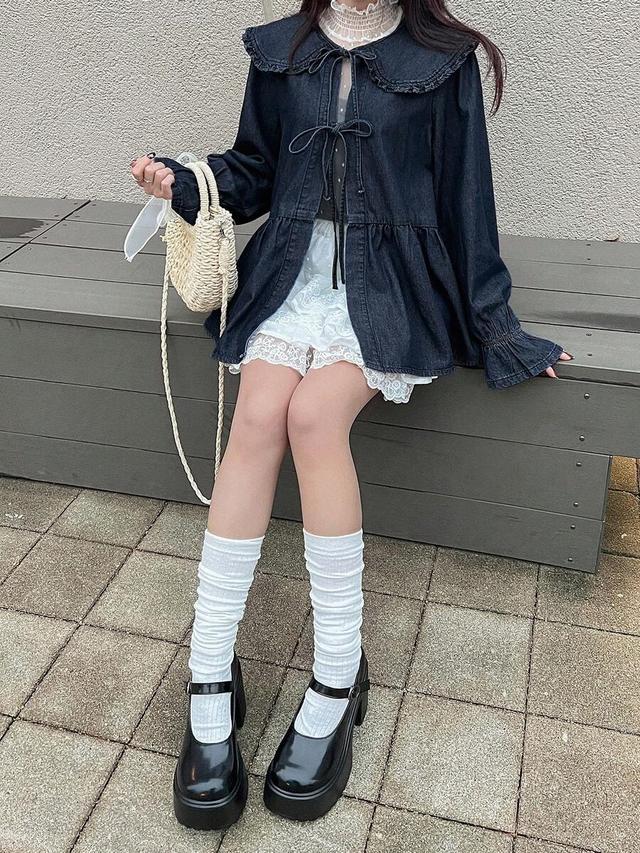 casual peter pan collar tie-up denim blouse
