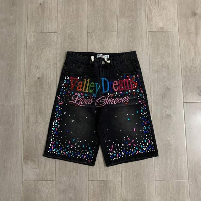 black rhinestone embroidered denim jorts with graphic lettering
