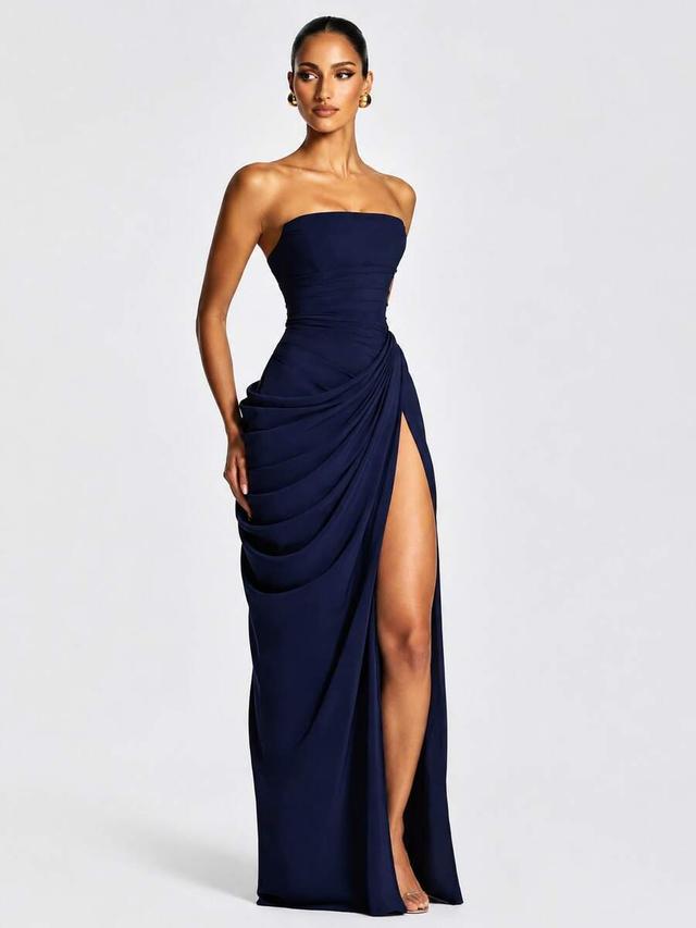 navy blue strapless draped high slit evening gown