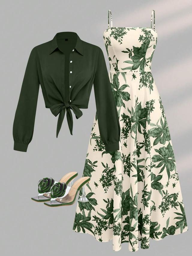 women's elegant printed dress and long sleeve cardigan set