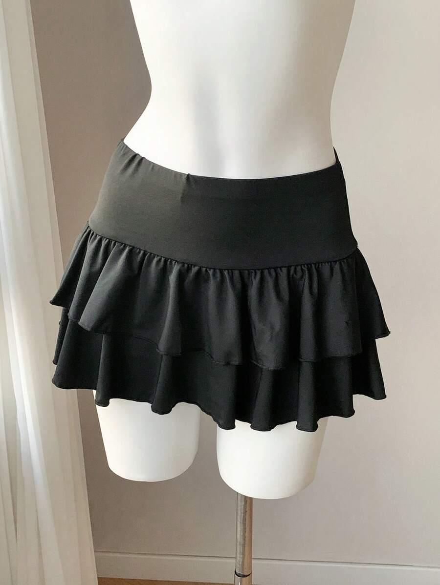 black solid color double ruffle hem a-line skirt