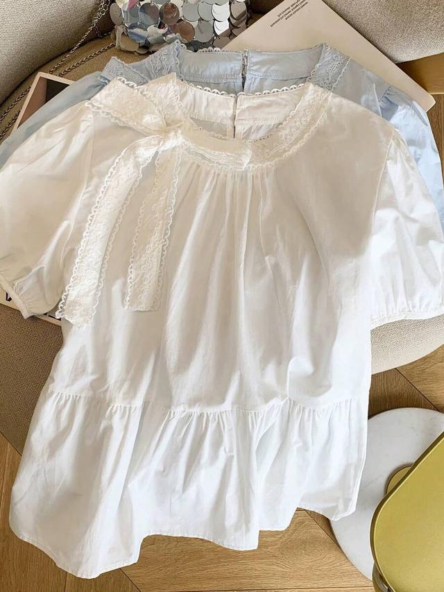 light blue cotton ruffle lace bow neck babydoll blouse