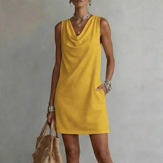 yellow sleeveless cowl neck shift dress