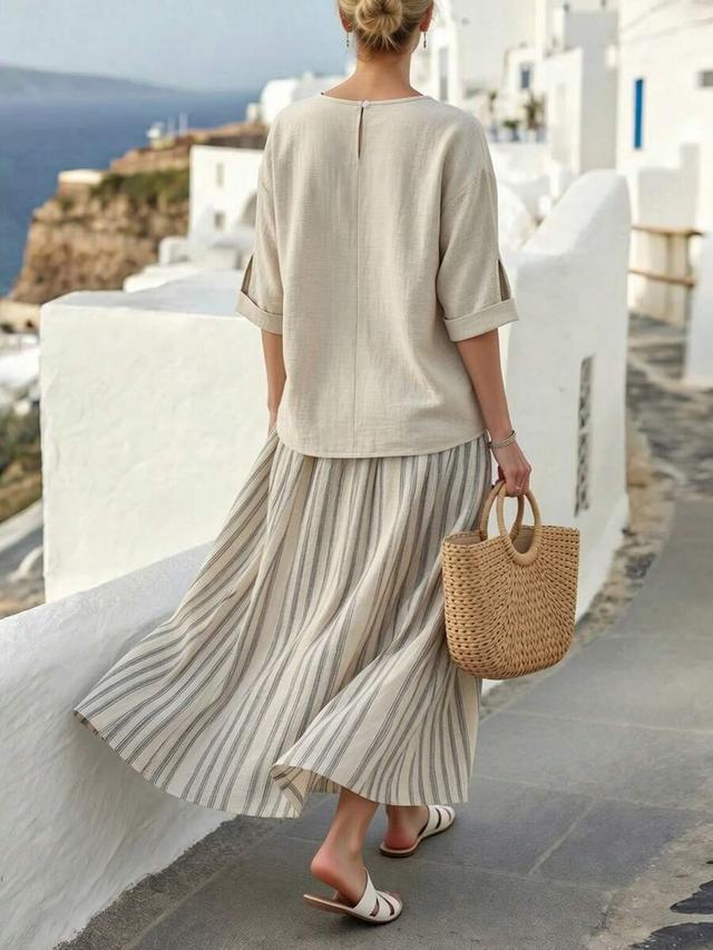 light peach solid top and striped skirt set
