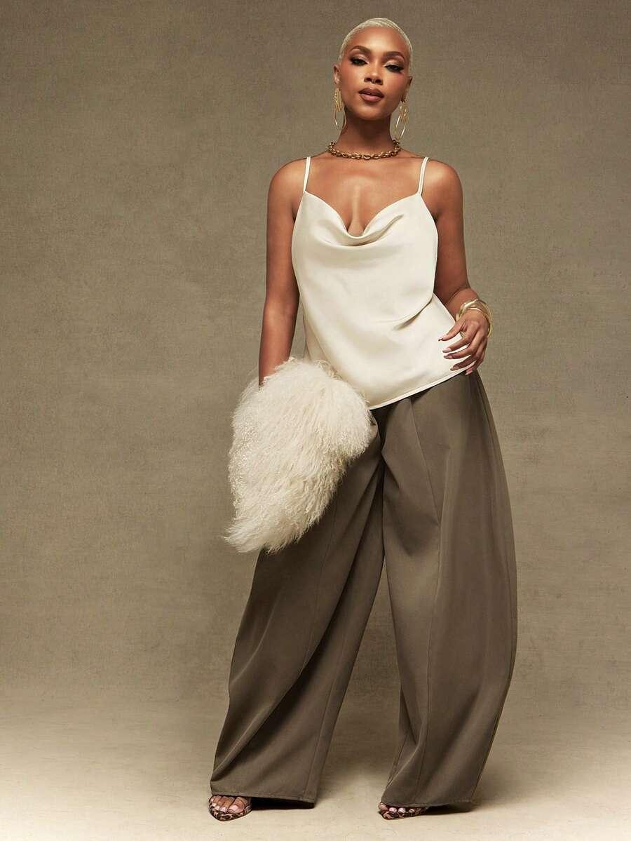 ivory vixey solid brown suiting high waist barrel leg office pants