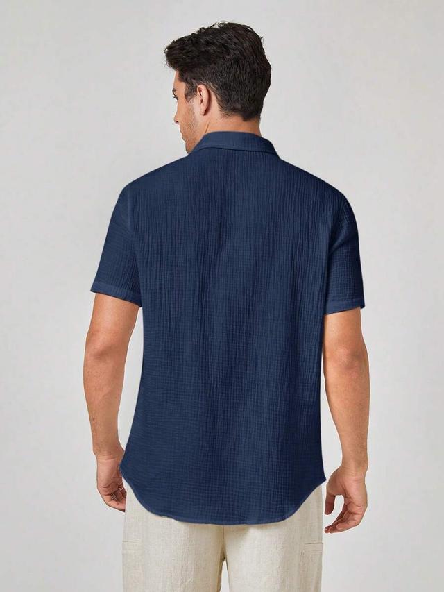 navy blue textured cotton casual short sleeve shirt