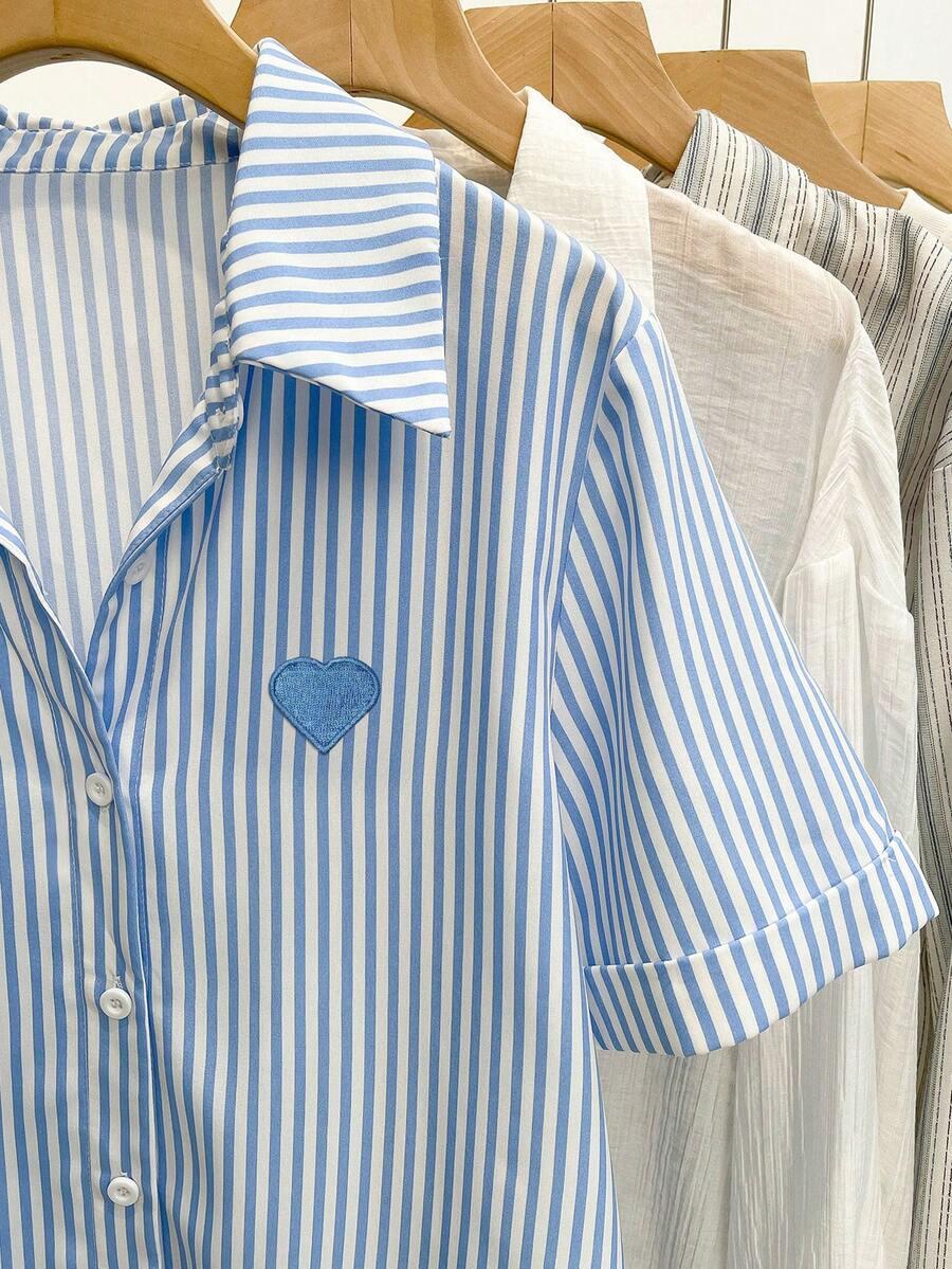 grey stripe resyla women's blue striped heart embroidery casual shirt