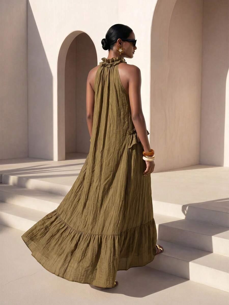 olive green ruffled halter neck a-line maxi dress