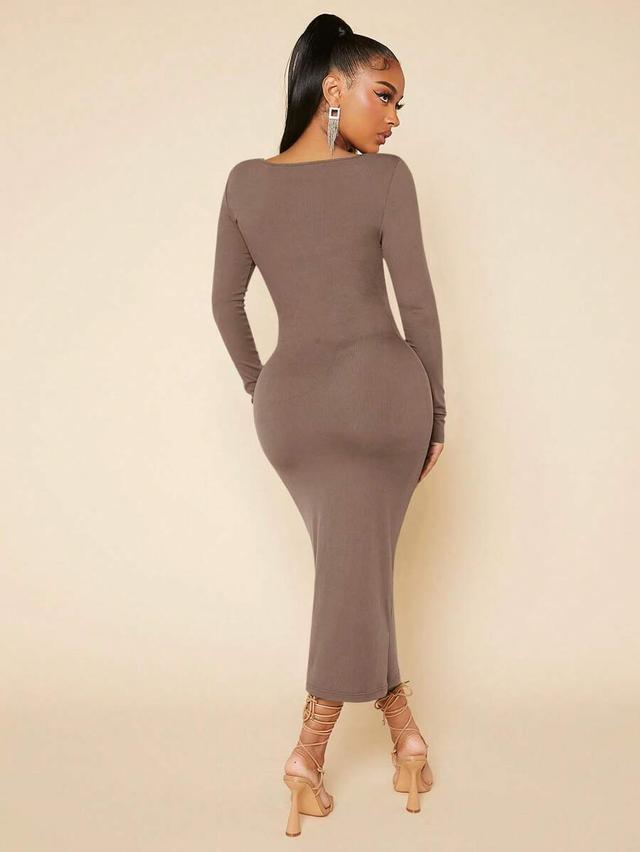 solid color ribbed long sleeve bodycon dress