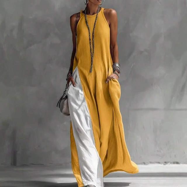 yellow and white sleeveless linen blend maxi dress