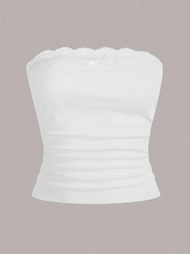 white and white ribbed lace trim tube top