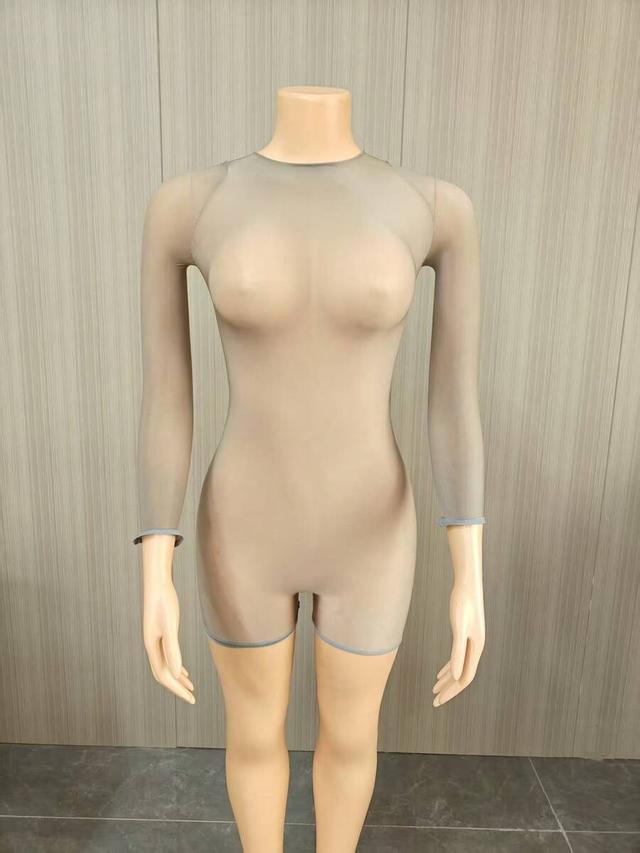 grey high elastic glossy sheer integrated shorts bodysuit