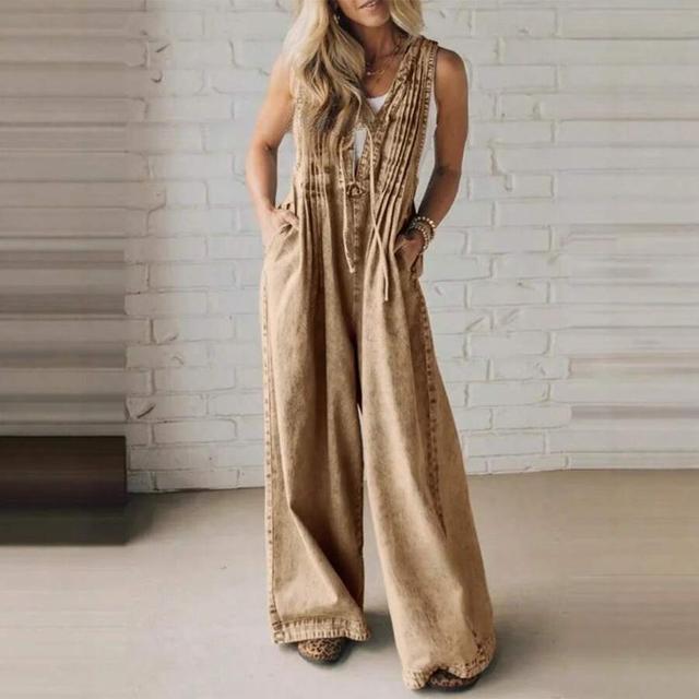tan acid wash denim sleeveless v-neck drawstring jumpsuit