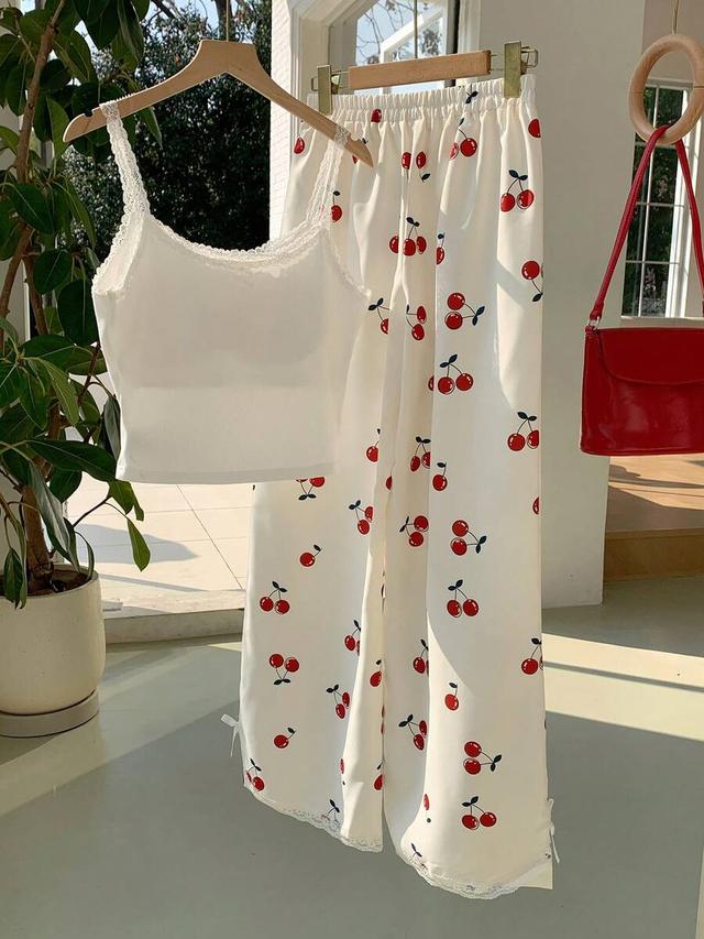 lace trim camisole and cherry print lounge pants set