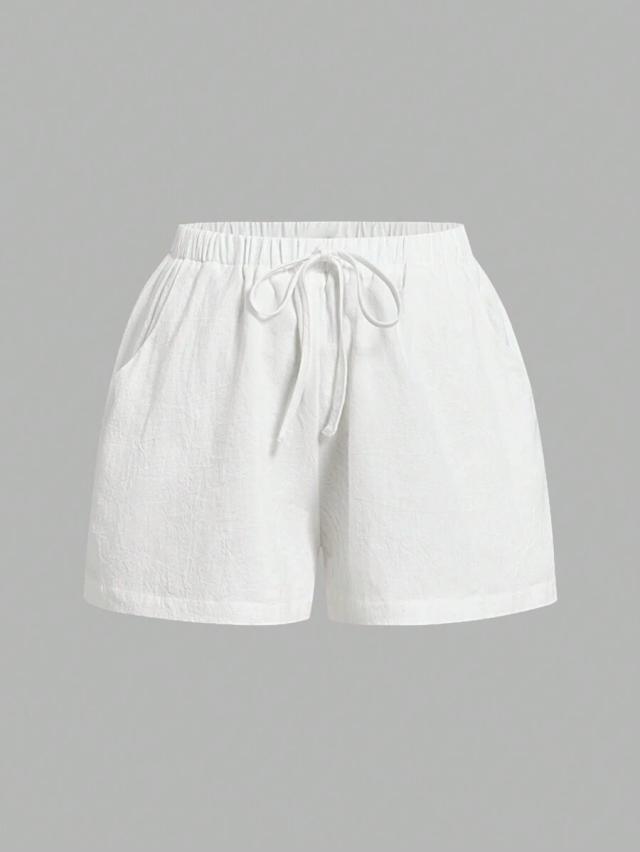 white and black linen blend drawstring shorts