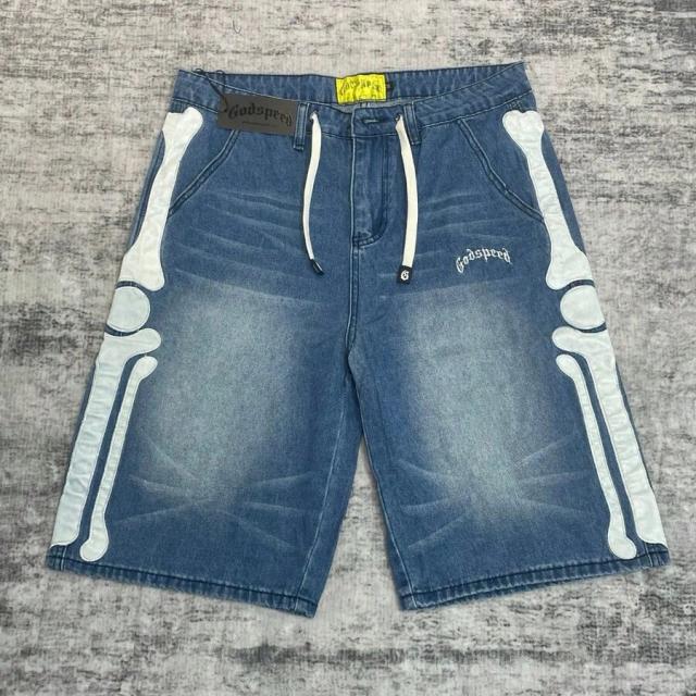 blue skull embroidered distressed black denim shorts