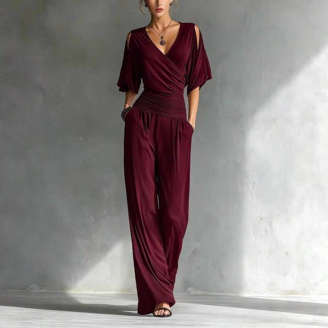 burgundy fashionable off-shoulder v-neck slim-fit jumpsuit